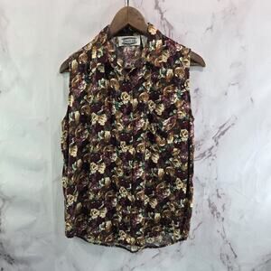 Vintage Tank Top Womens Large Red Green Floral 90s Blouse Shirt Button Cottage